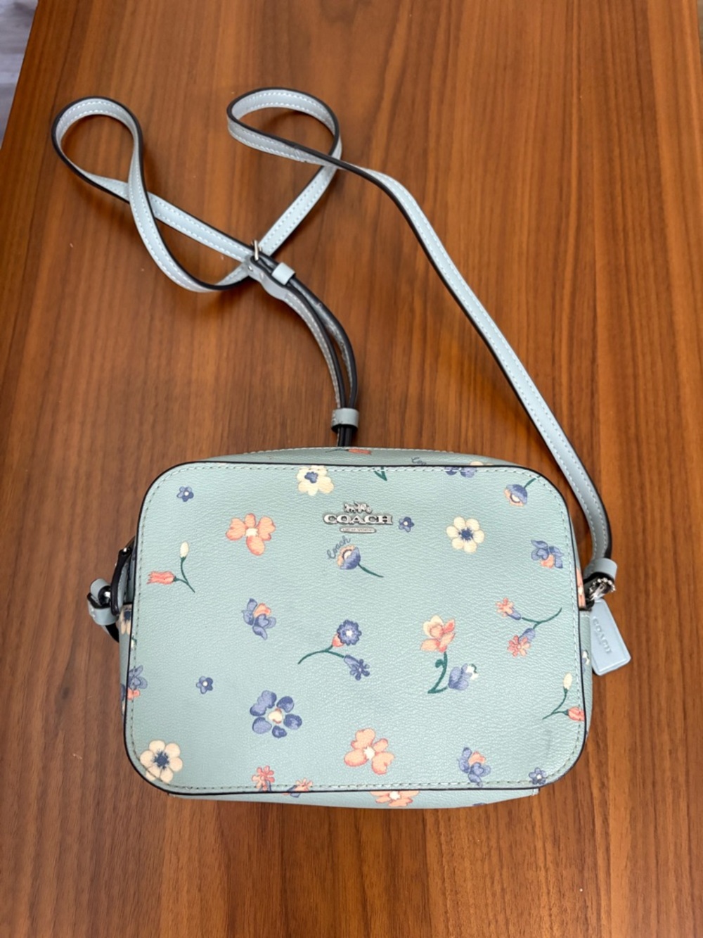 NWOT Coach Canvas/Leather Crossbody Bag With Floral Print Teal Blue